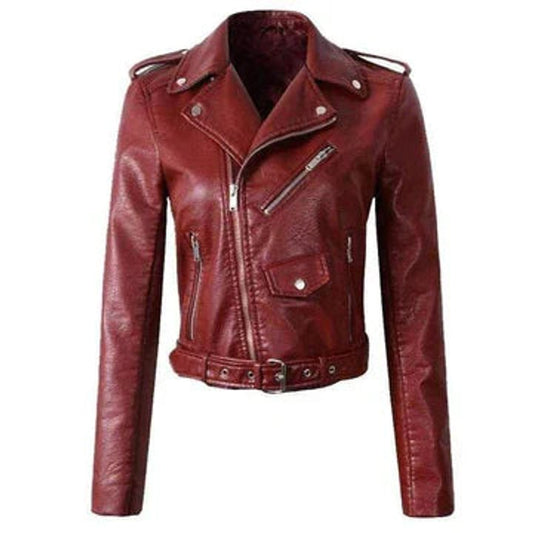 Valeria Belted Faux Leather Moto Jacket
