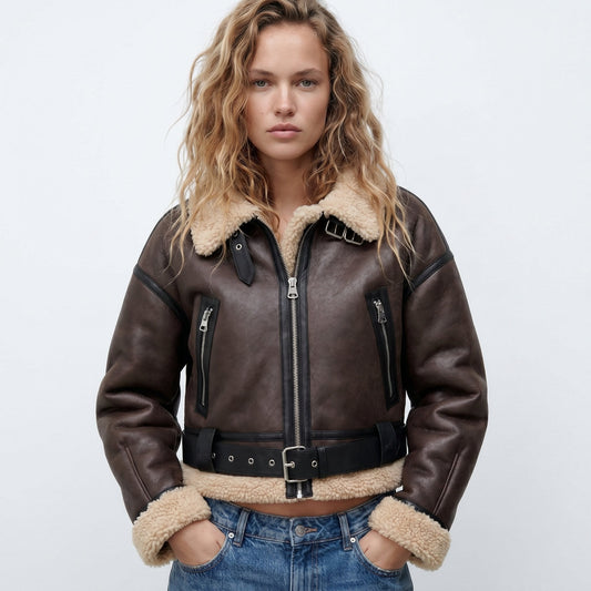 Bianca Shearling-Trim Cropped Bomber Jacket