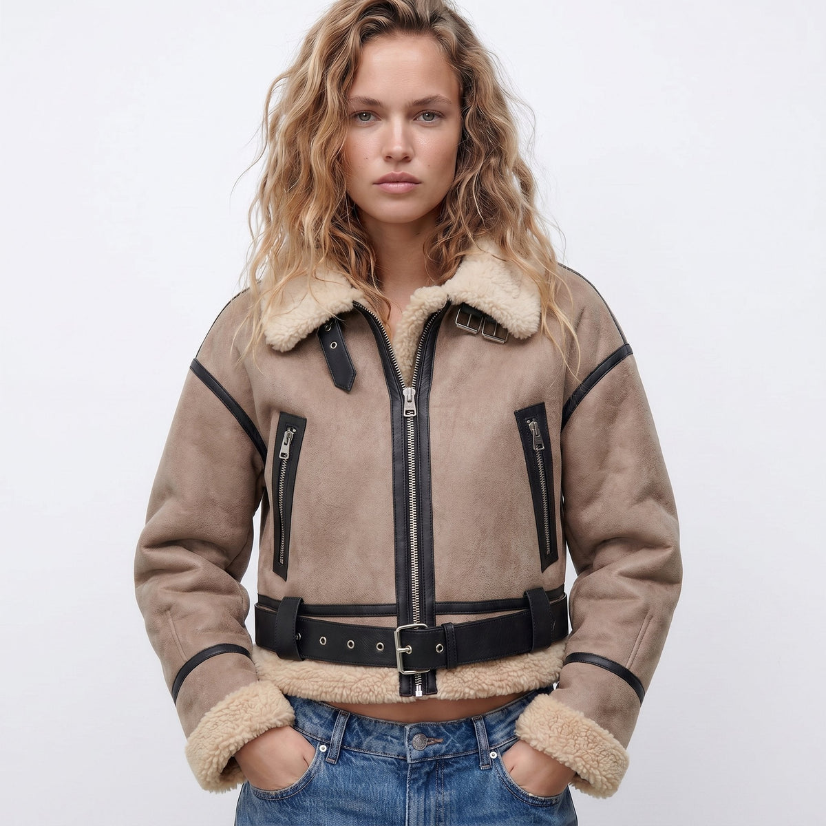 Bianca Shearling-Trim Cropped Bomber Jacket