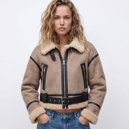 Bianca Shearling-Trim Cropped Bomber Jacket