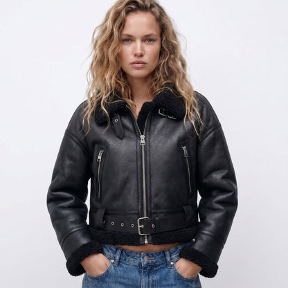 Bianca Shearling-Trim Cropped Bomber Jacket
