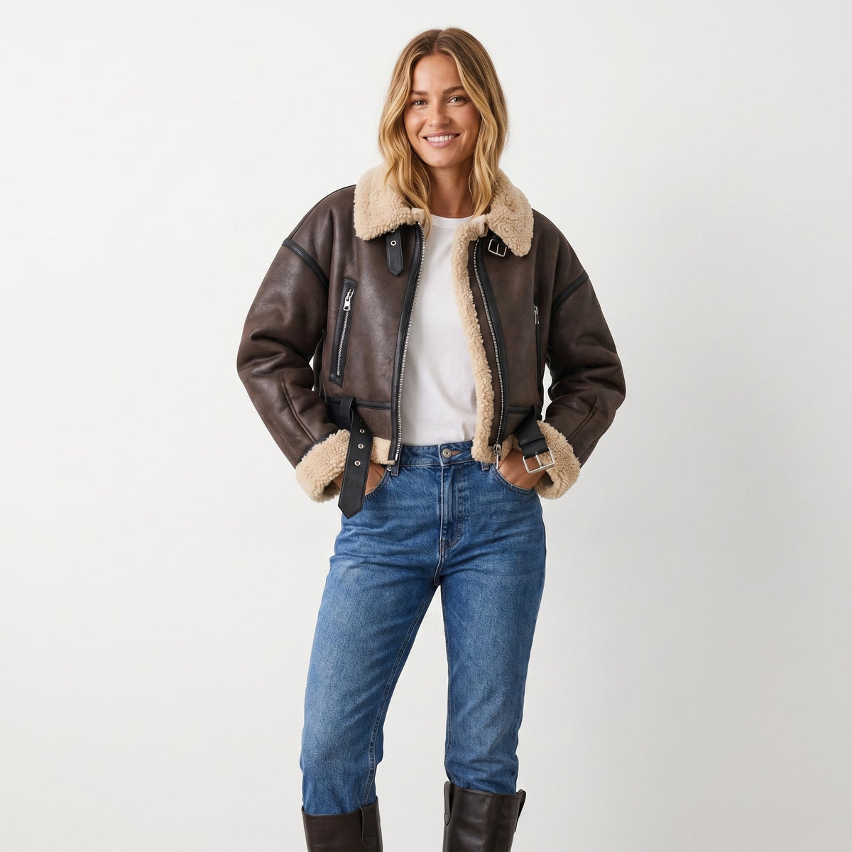 Bianca Shearling-Trim Cropped Bomber Jacket