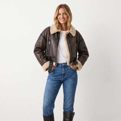 Bianca Shearling-Trim Cropped Bomber Jacket