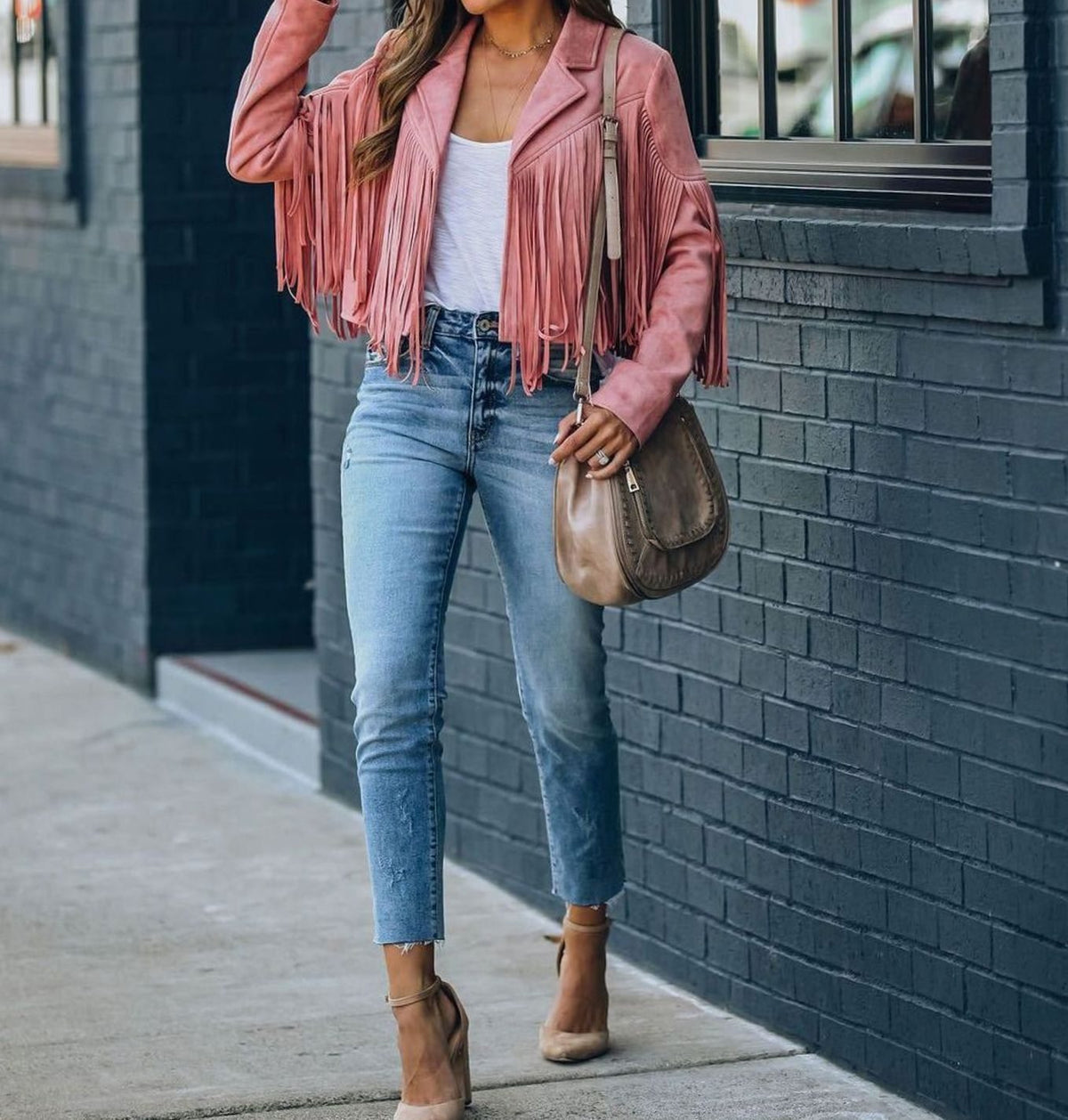 Fiorella Faux Suede Fringe Moto Jacket