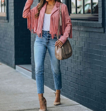 Fiorella Faux Suede Fringe Moto Jacket