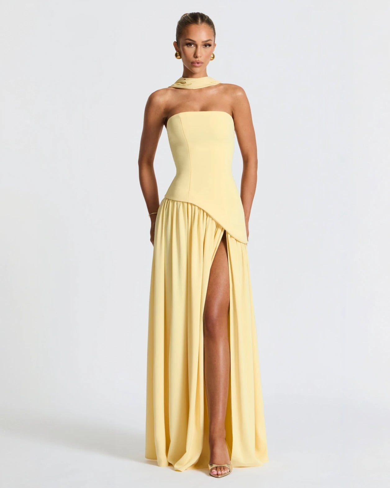 Elena Strapless Lace-Up Slit Maxi Dress