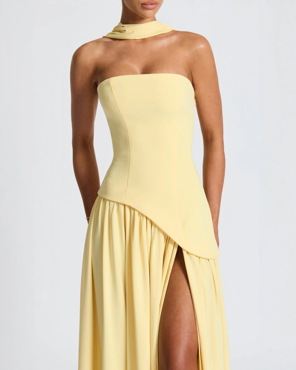 Elena Strapless Lace-Up Slit Maxi Dress